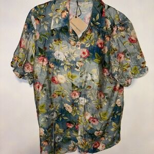 Cherry Betty Women's short Sleeve Blouse Size L button down Blue, green and red